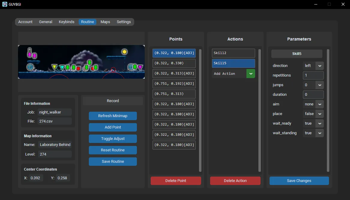 MANIA Bot Routine Configuration Tab showing intuitive interface for creating farming routines